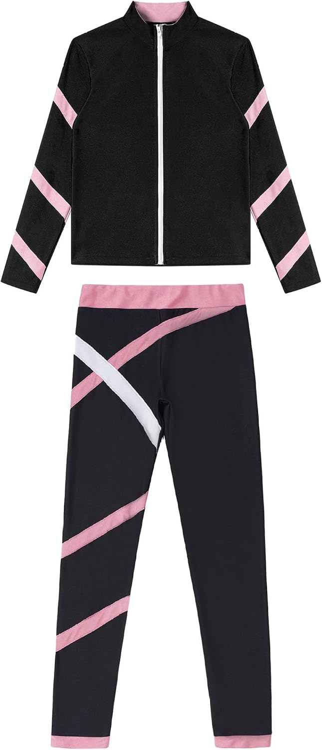 Kids Girls Figure Ice Skating Training Suit Skating Jacket with Practice Leggings Set Activewear