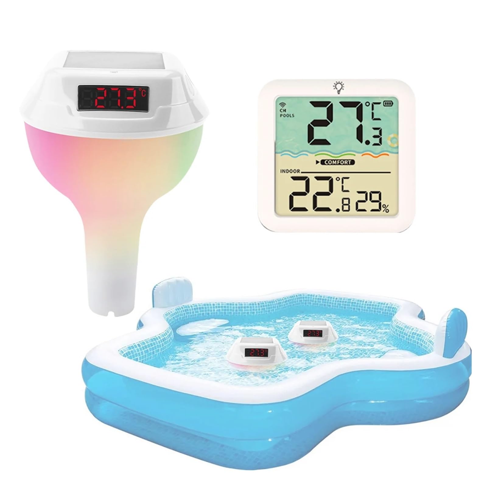 Medidor de temperatura del agua con energía solar y pantalla LED, termómetro flotante for piscina, monitor la bañera, suministros for piscinas(Lake Blue)