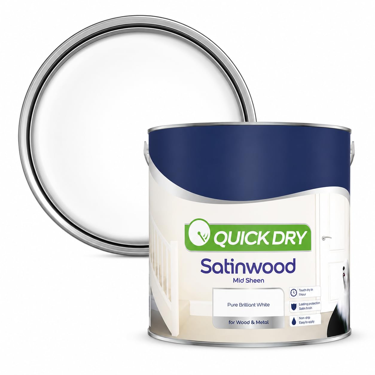 Quick Dry Satinwood Paint 2.5L Pure Brilliant White | Covers up to 30m² per Coat | Durable Mid Sheen Finish for Doors, Skirting Boards, Trim & Furniture