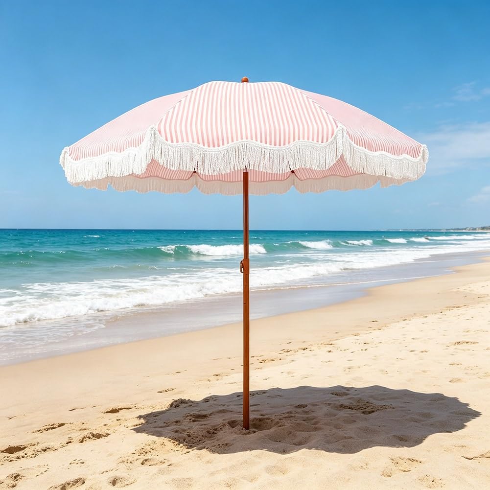 Pasiasty Parasol Plażowy z Frędzlami, 200 cm Boho Przenośny Parasol Ogrodowy z Przyciskiem Pochylania do Basenu, Pikniku i na Podwórko(Pink)