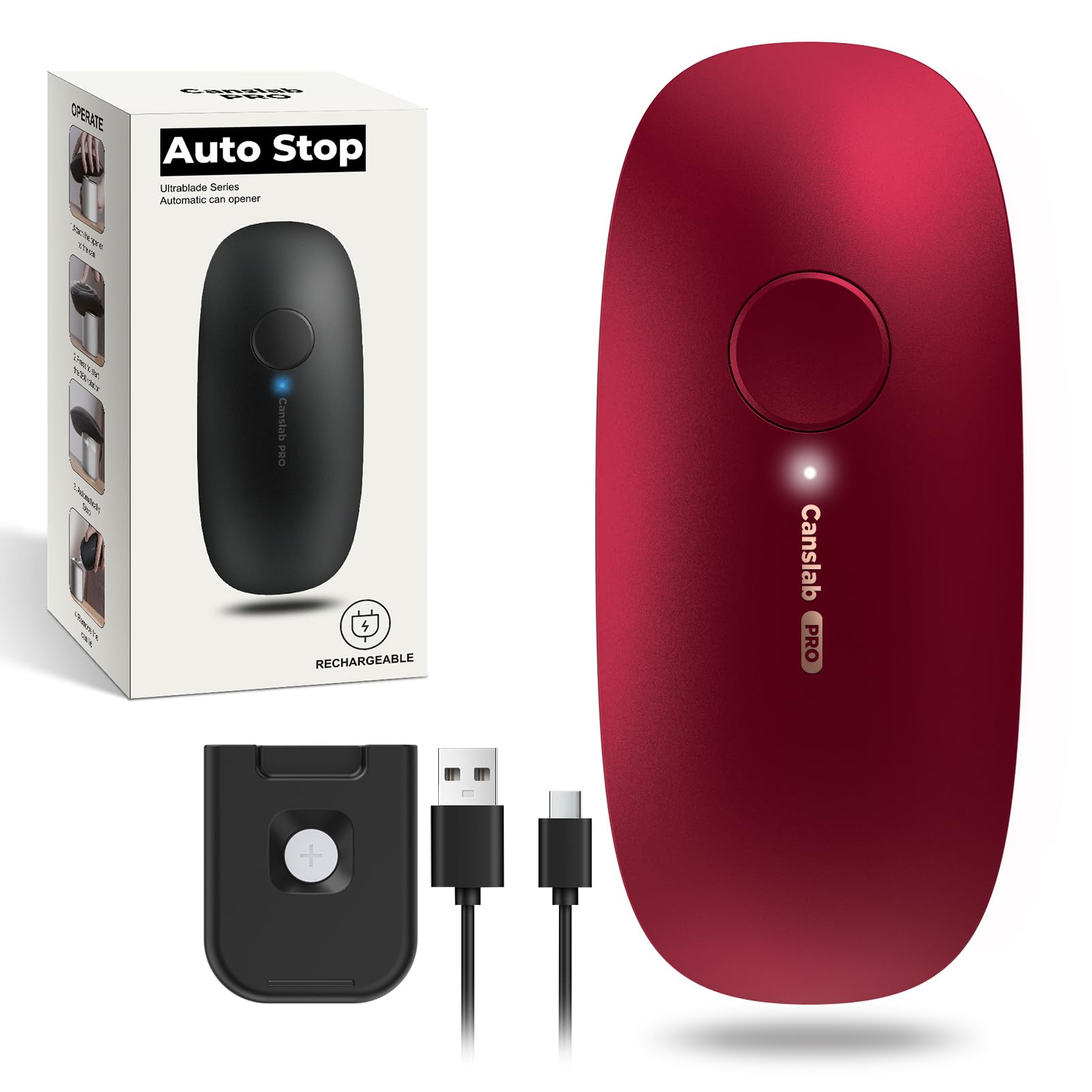 Ultrablade PRO Auto Stop Can Opener - Rechargeable Electric Can Opener for Kitchen for Seniors with Arthritis- One touch Side Cut Can Opener, Smooth Edge, Handfree, Portable Small Size, Red