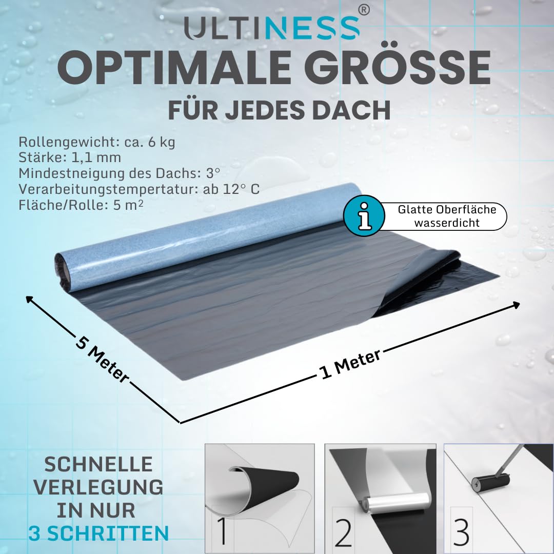 Dachfolie Aluminium selbstklebende Folie, Alternative zu Dachpappe | selbstklebend, KSK Dachbahn für Schuppen, Carports, Folie selbstklebend silbergrau 5 x 1 Meter, Bitumenbahn, Wasserdicht, Alu