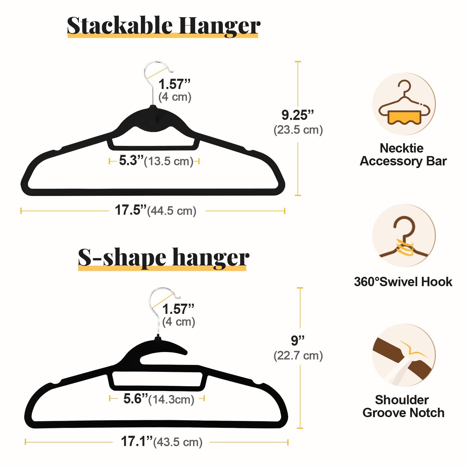 Paquete de 50 Perchas de Terciopelo Negro, en Forma de S y apilables, con Gancho Giratorio de 360°, Ultra Delgadas y ahorran Espacio, para Trajes, Camisas, Abrigos, Capacidad de 15 Libras,
