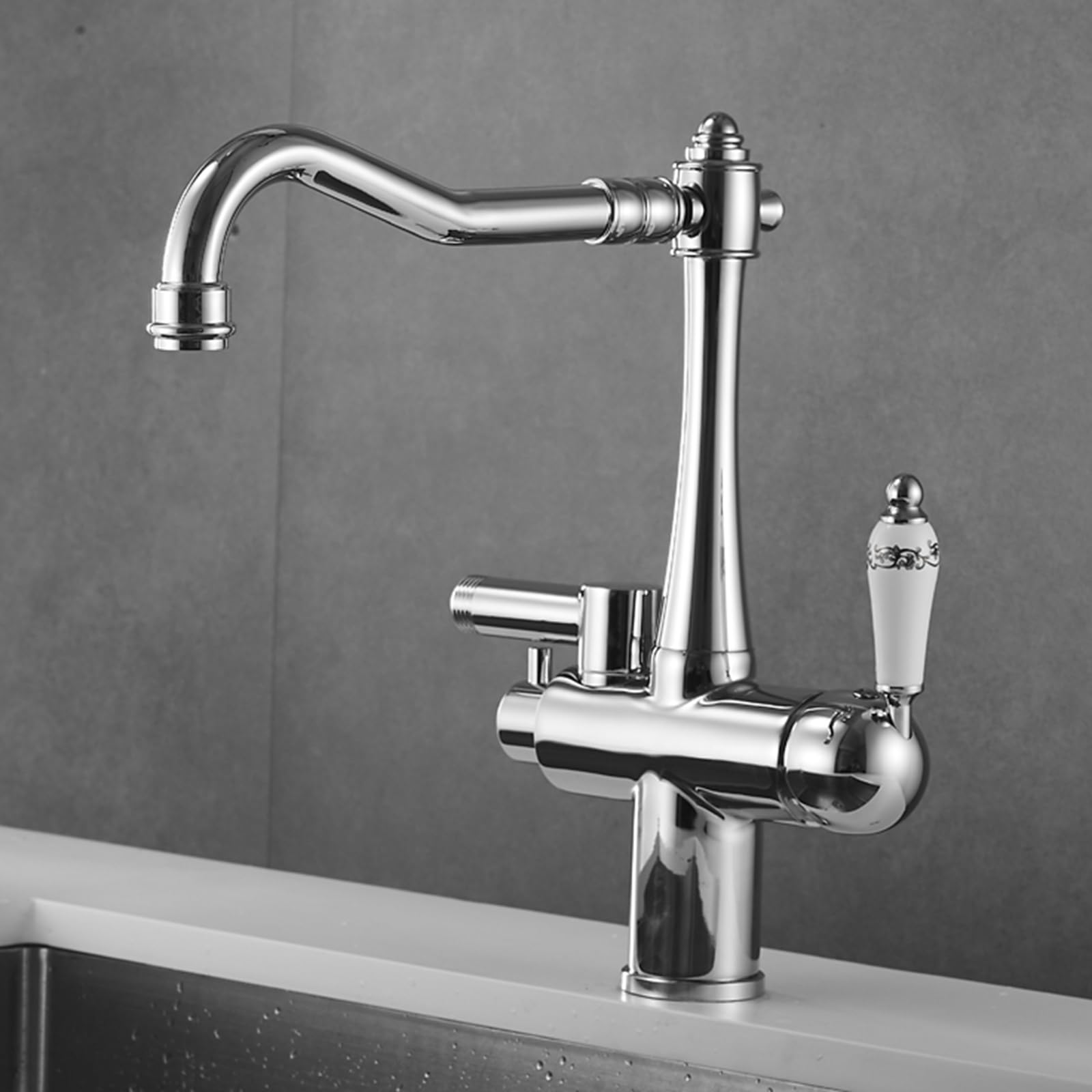 ZQFHSX Kitchen Tap with Dishwasher Connector, Swivel 2 Handles, Brass Single Hole Sink Faucet