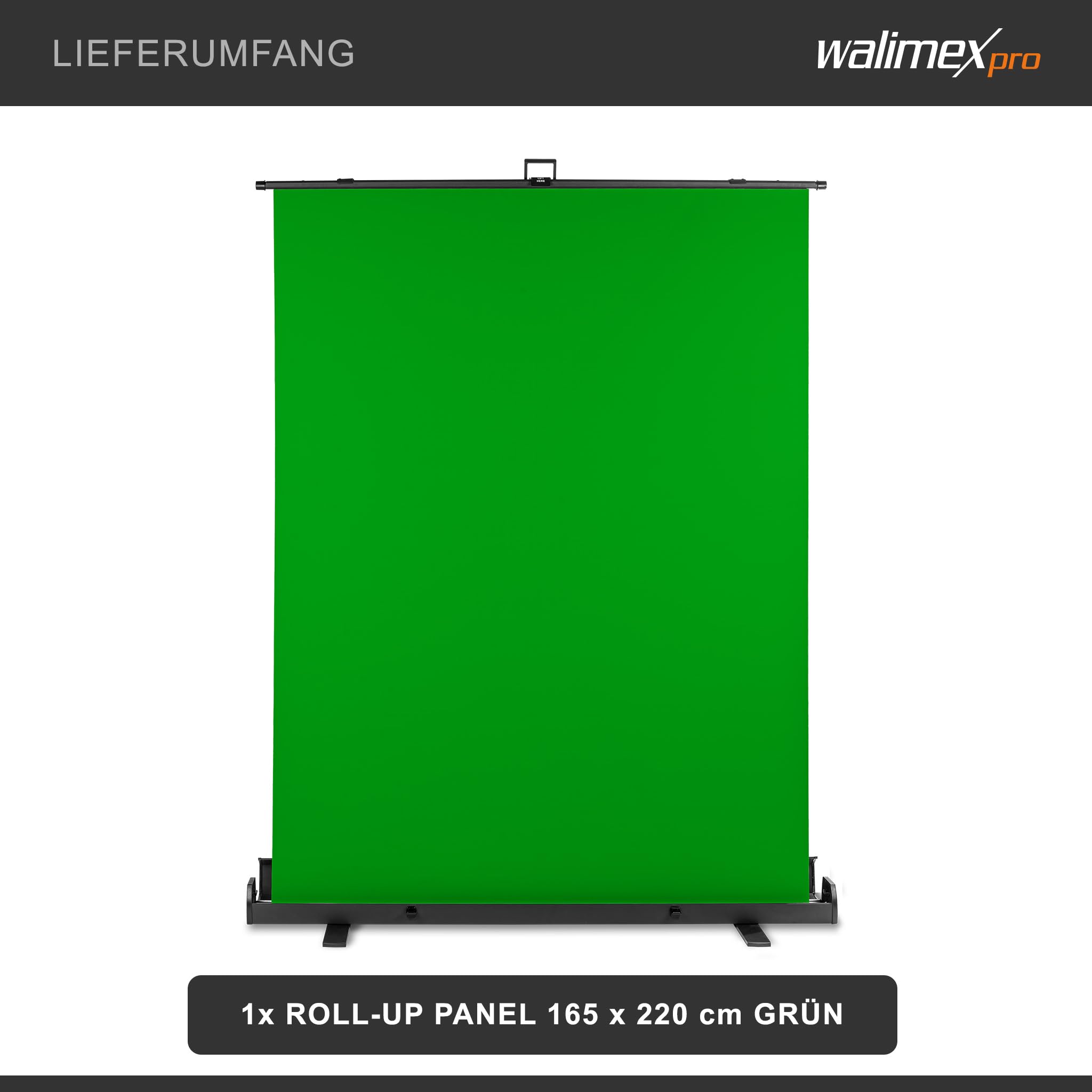 Walimex pro Roll-up Panel Hintergrund grün 165 x 220 cm, Greenscreen Fotohintergrund mit Transportbox, Hintergrundsystem für Fotostudio, knitterfreie Fotoleinwand ideal für Chromakeying
