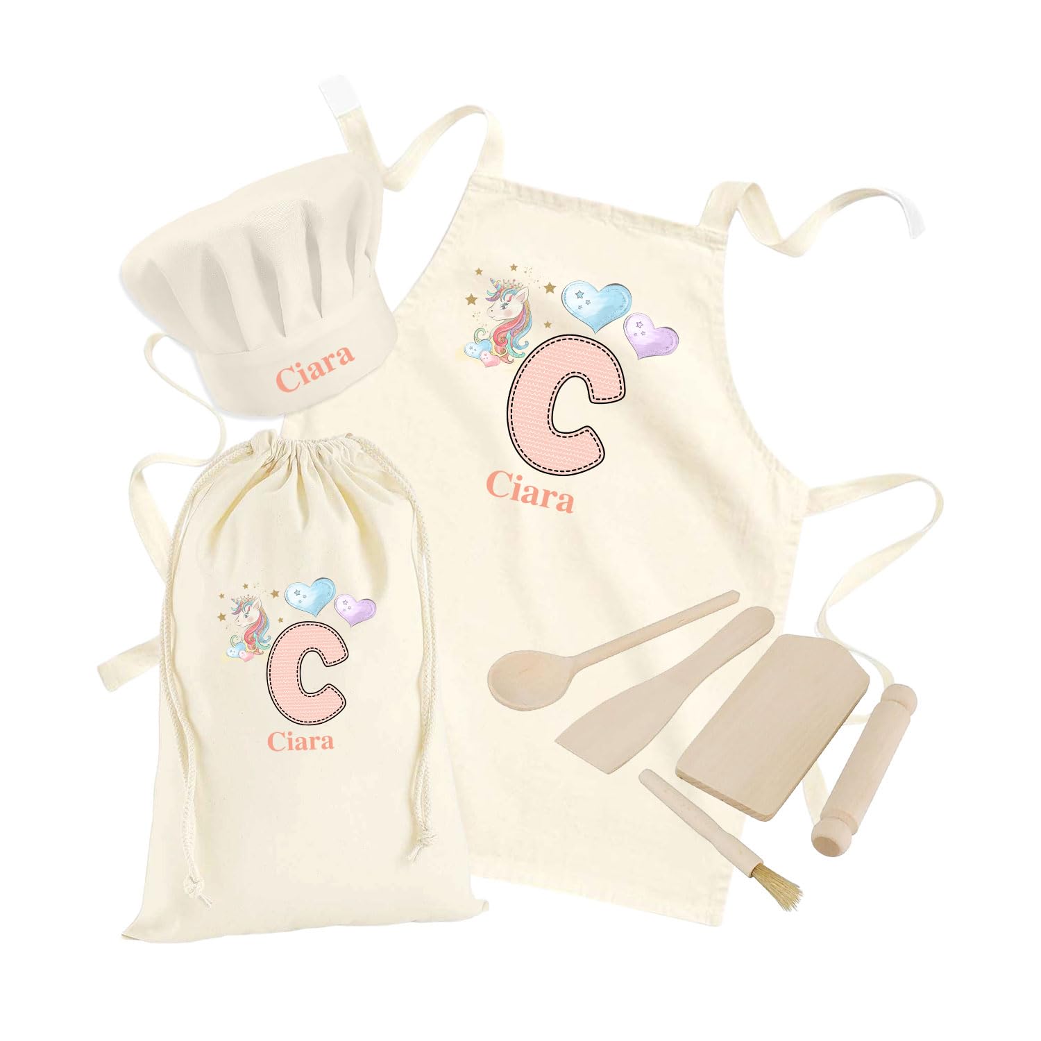 Hoolaroo Personalised Kids Aprons Gifts For Kids Cooking Childrens Baking Personalised Apron Chef Hat Cooking Utensils Present Age 3-10