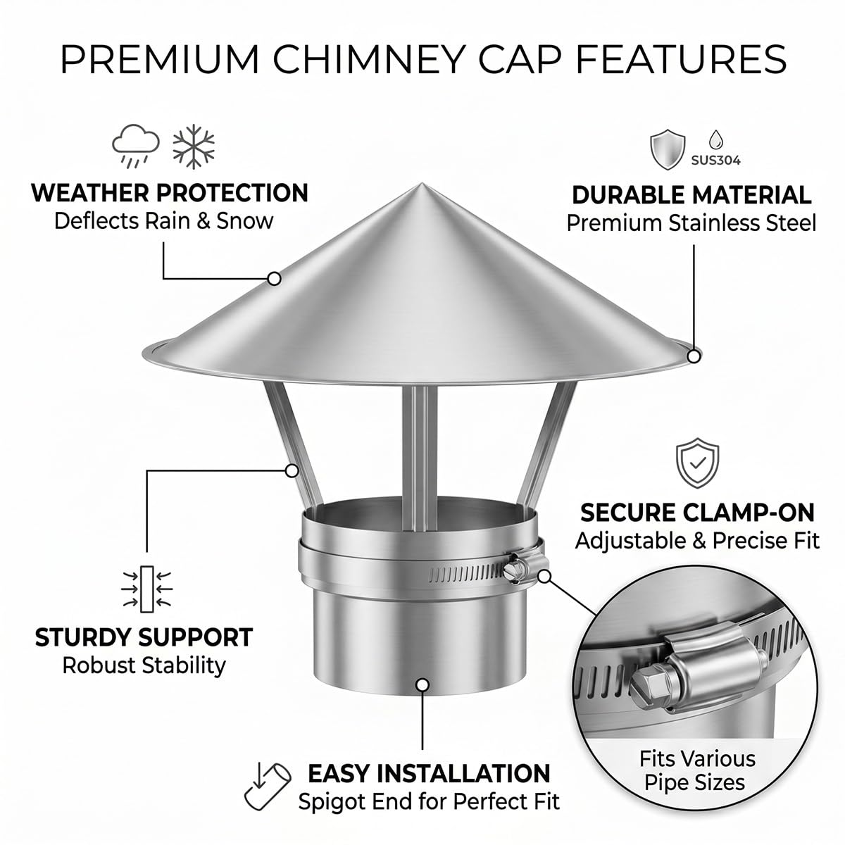 Sombrerete de Chimenea Ajustable Acero Inoxidable Tapa de Lluvia Caperuza Salida Humos Protector para Tubo de Estufa Ventilación de Techo Cubierta de Escape Exterior(150mm)