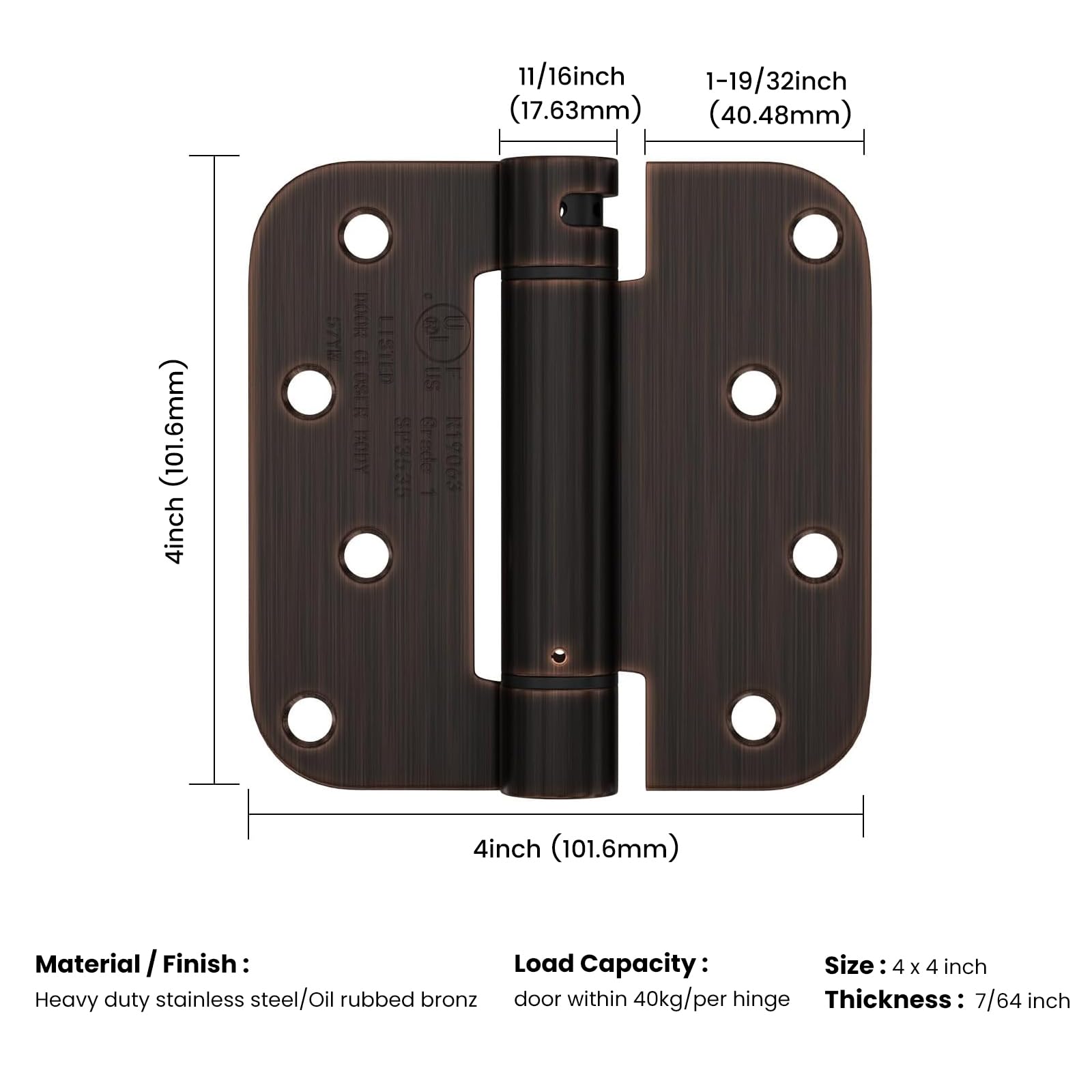Haidms Lot de 3 charnières de porte à fermeture automatique de 10,2 cm en bronze huilé avec angle de rayon de 1,6 cm
