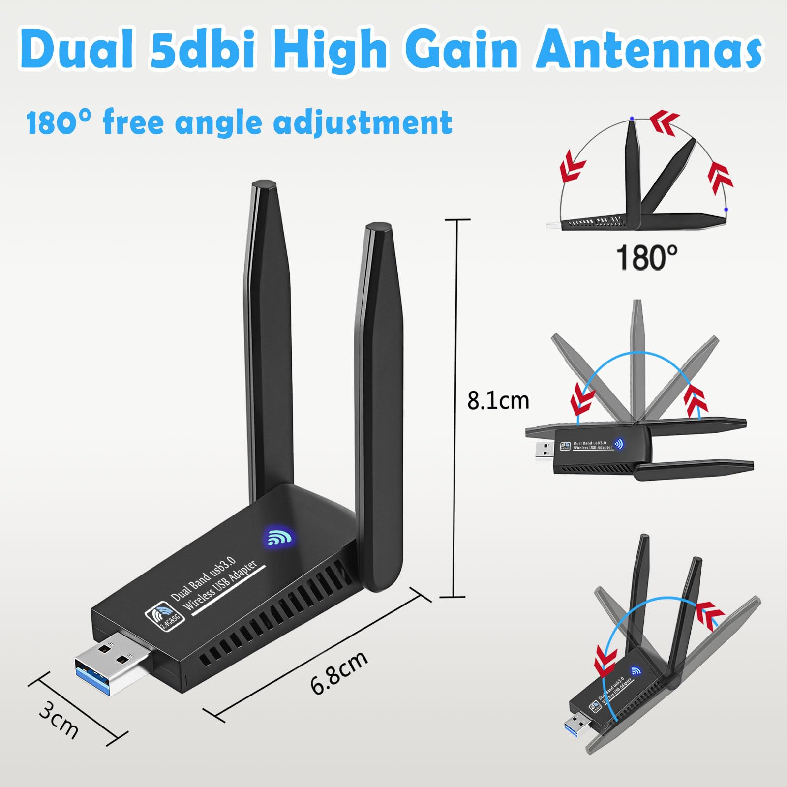 Chiavetta WiFi USB 1300Mbps Dual Band 5GHz 2.4GHz 5dbi Alto Guadagno 2 Antenne USB 3.0 per PC Windows 11 10 8 7 Vista XP