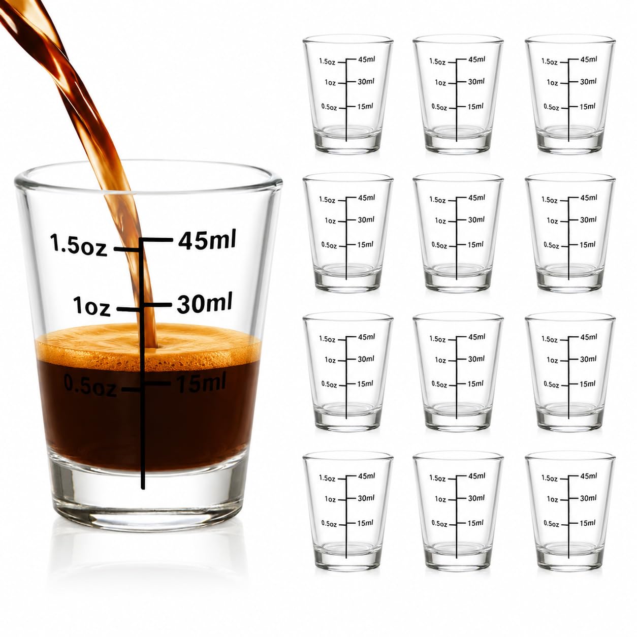 Ruckae Shot Glasses Measuring Cup Set 12 Pack Espresso Shot Glasses Liquid Heavy Glass -Incremental Measurement 1.5oz Shot Glass for Bars and Home Use