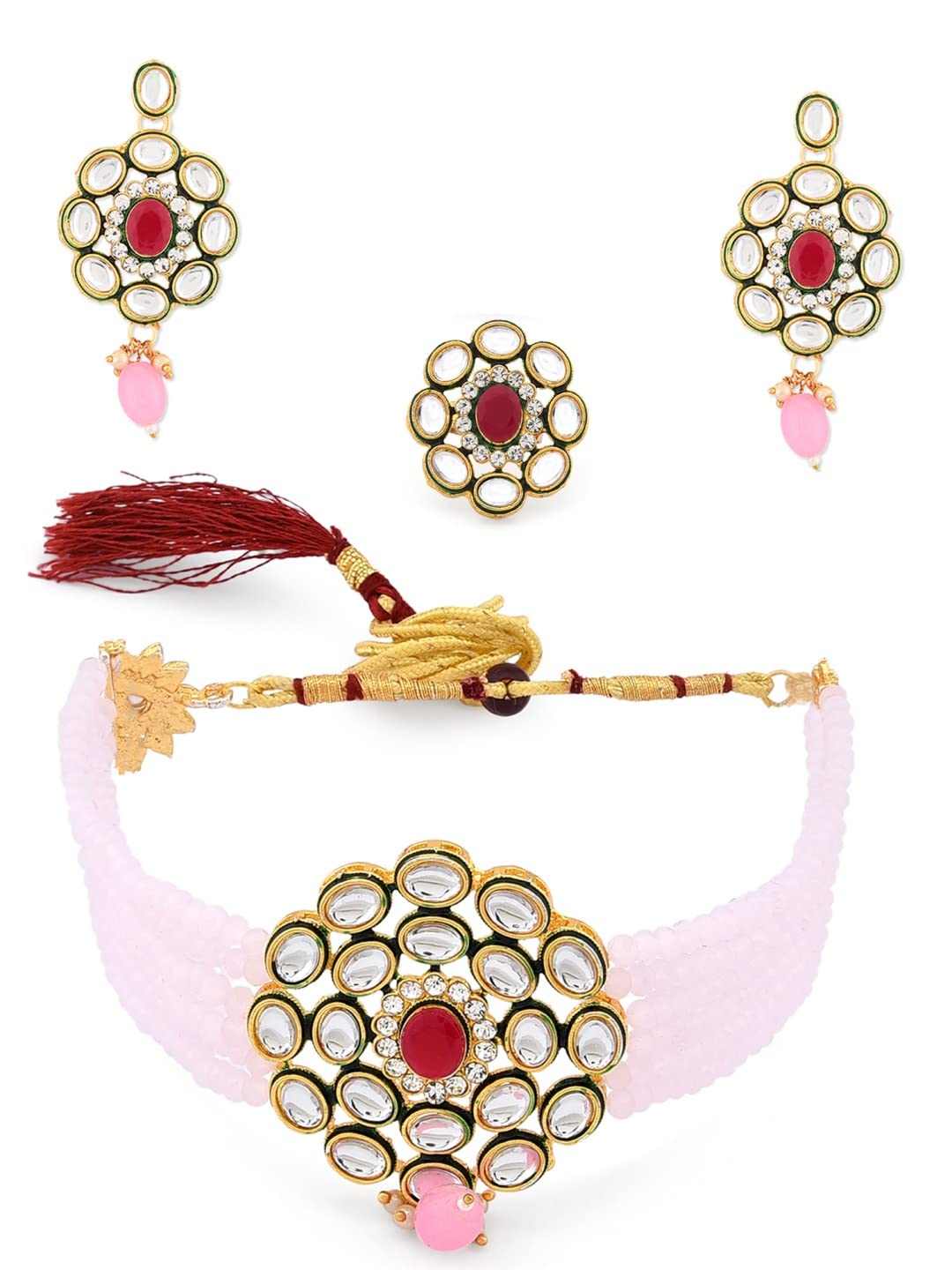 ZAVERI PEARLS Pink Crystal Beaded Multistrand Kundan Choker Necklace Earring & Ring Set For Women-ZPFK12477 (B09RWQMV1X) Amazon Price History, Amazon Price Tracker