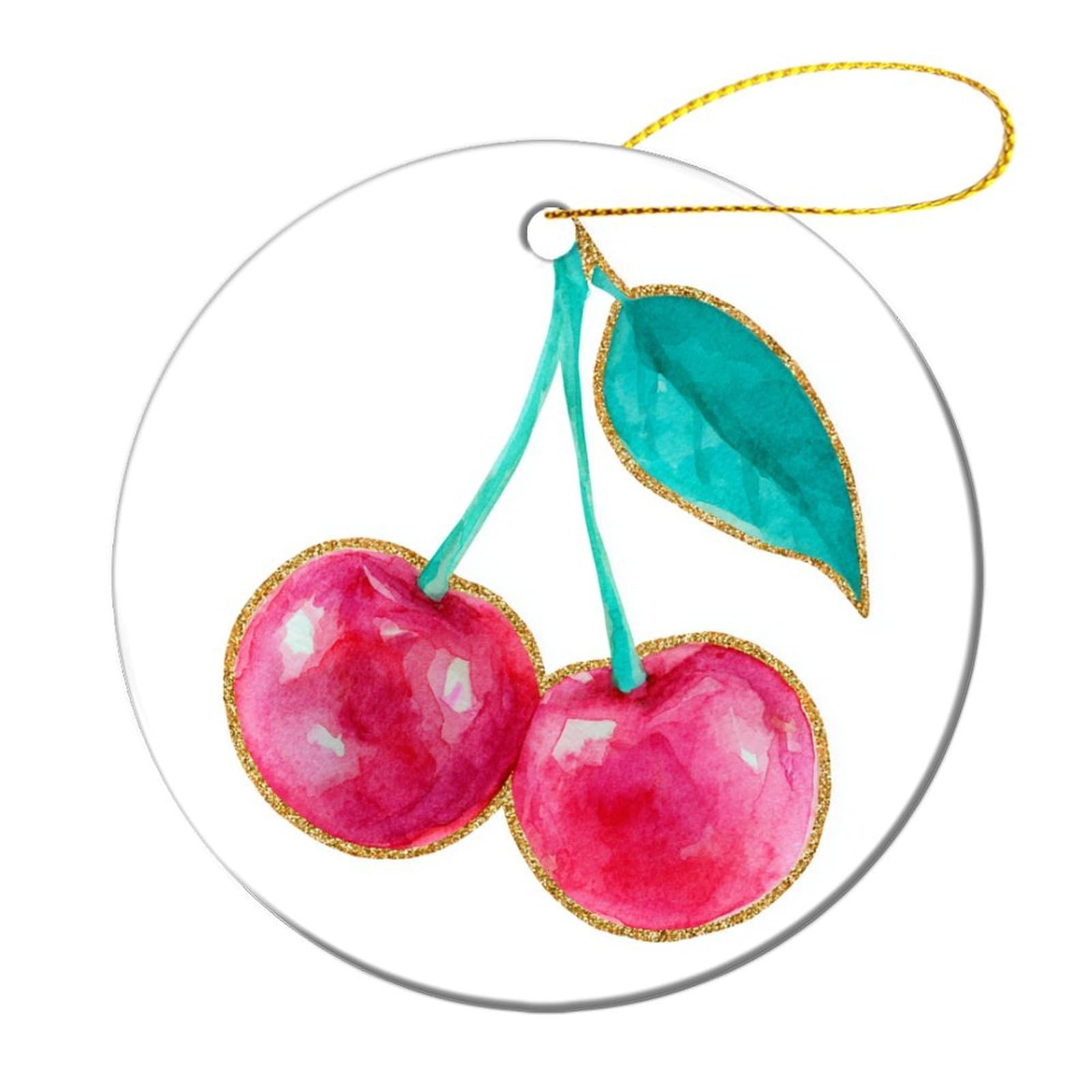 Cute Preppy Coastal Glossy Pink Cherry Pair Christmas Tree Hanging Ornaments,2 Pieces, 7.2CM Round Double-Sided