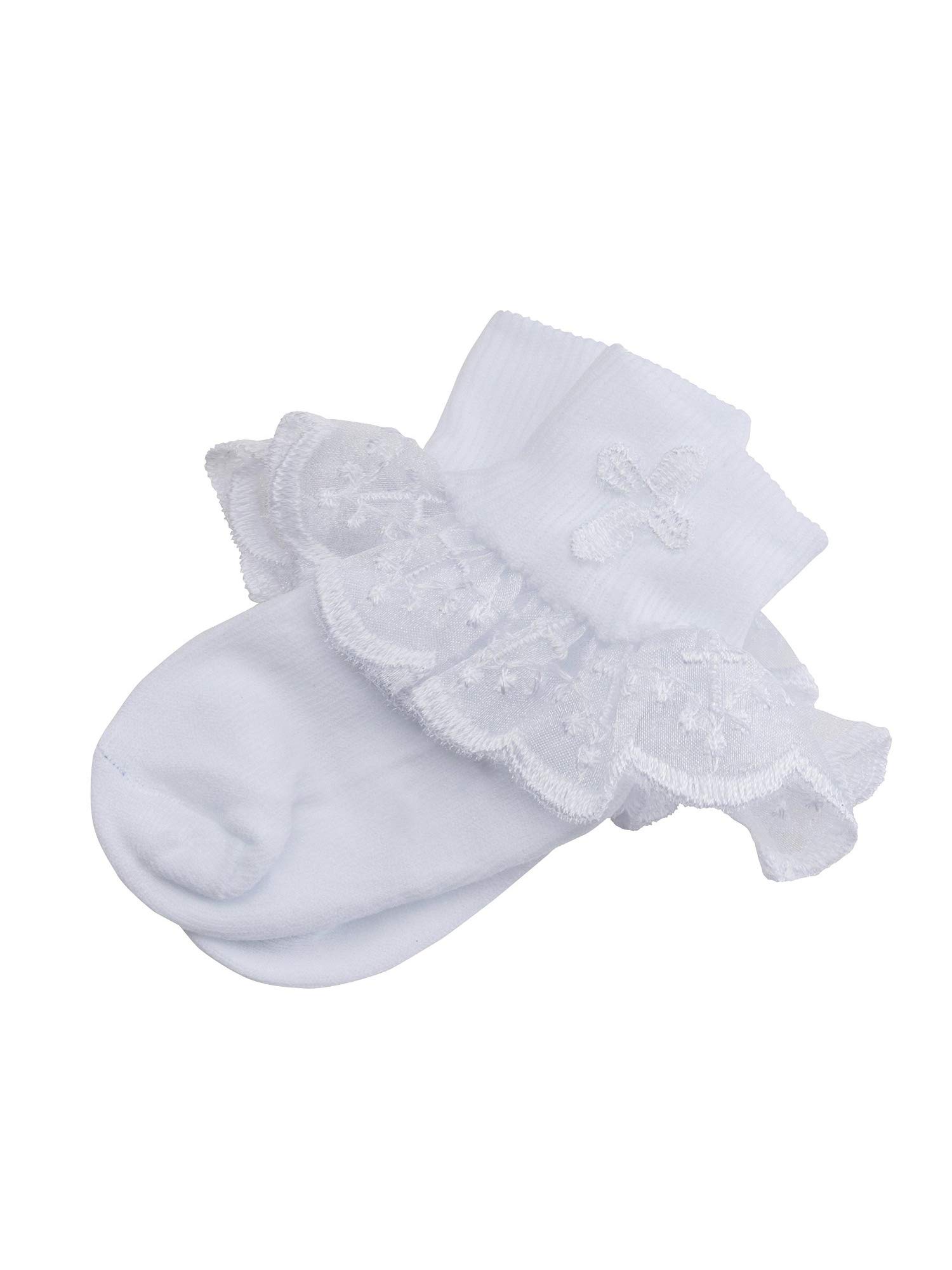 Girls White Baptism First Communion or Christening Socks with Cross and Ruffle