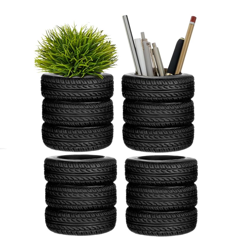 Onmargeen Tire shaped pen holder, plant flowerpot, office storage and organization, black plastic tire pen holder for desktop use, home office desk (4Pcs)