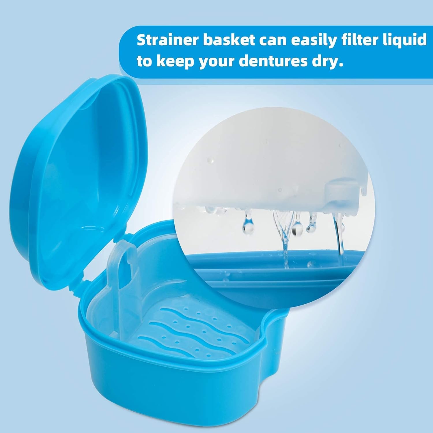 Dental Orthodontic Retainer Case Cleaning with Strainer Basket, Denture Bath Box Soaking Cup Mouthguard Storage Holder - Leak Proof and Lid Waterproof - Blue : Beauty & Personal Care