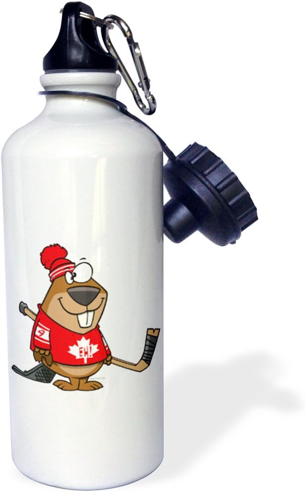 3dRose Silly Canadian Hockey Beaver Sports Water Bottle, 21 oz, White