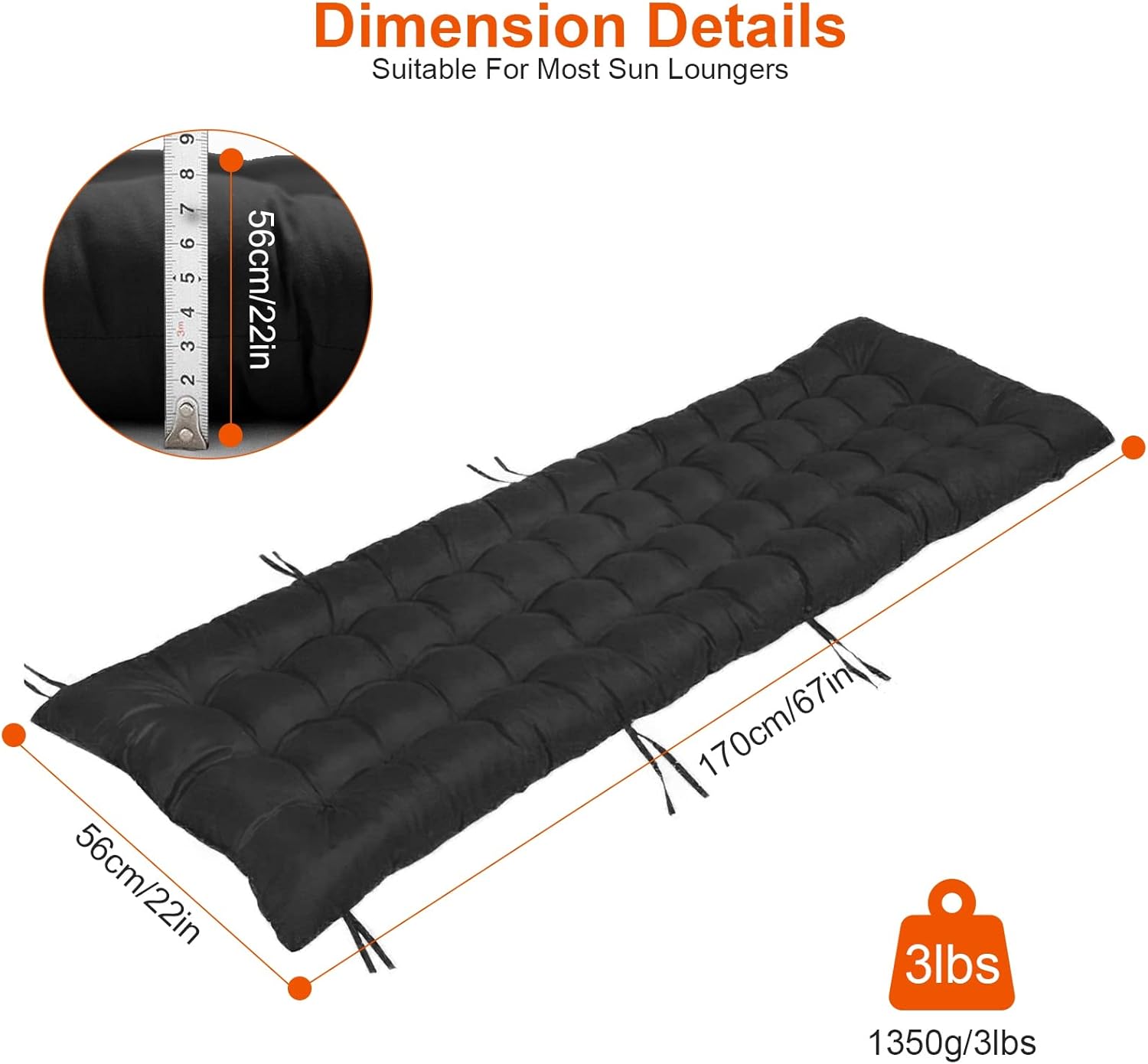 Black Polyester Chaise Lounger Cushion for Outdoor Recliners