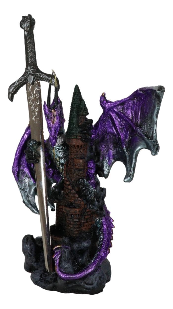 Ebros Gift Legendary Pacific Purple Metallic Armored Knight Dragon Holding Castle Tower and Gothic Sword Letter Opener Figurine Home Office Decorative Sculpture Medieval Dungeons Dragons Fantasy