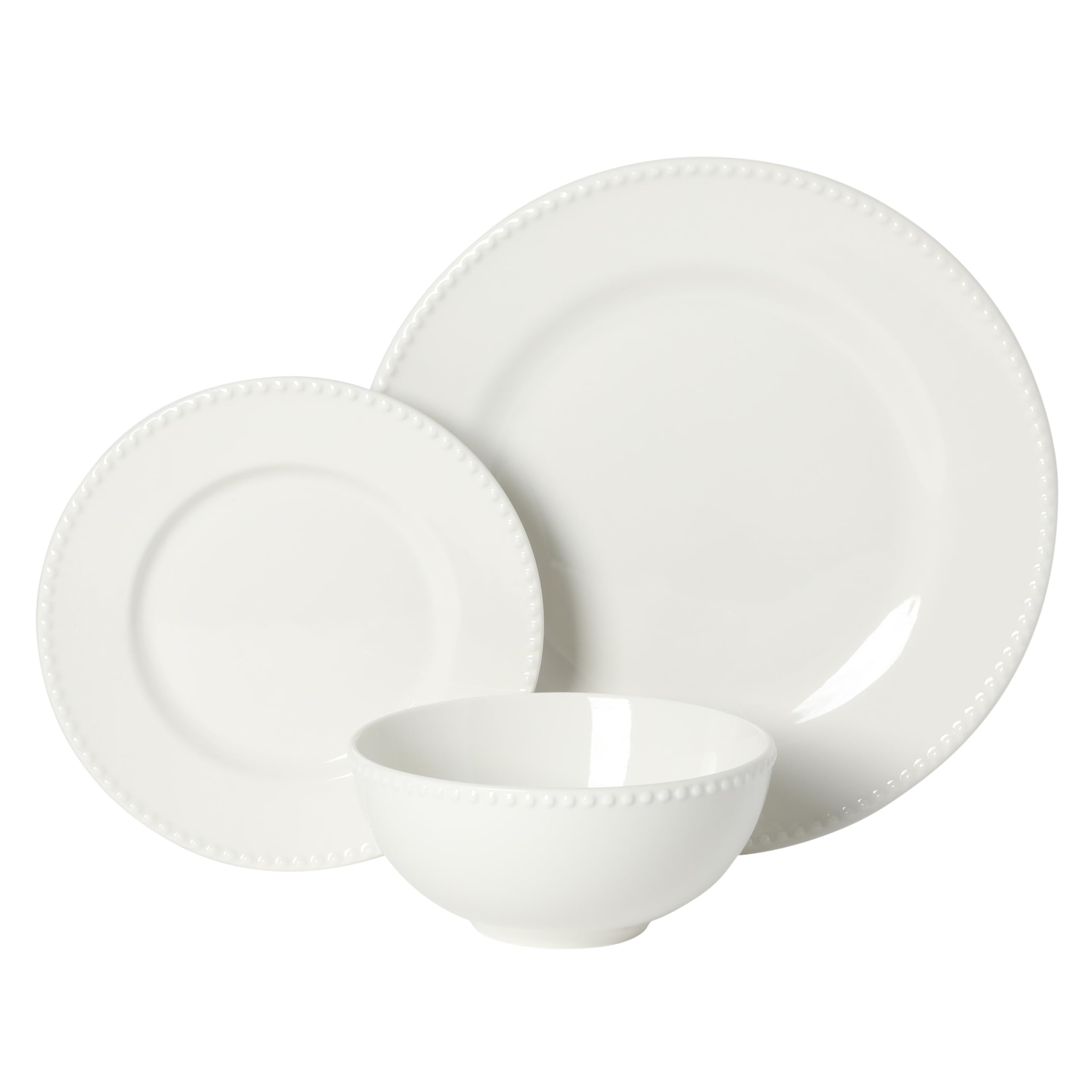 Gibson Home Caviara Teller und Schüsseln, 12-teiliges Geschirr-Set, weißer runder Perlenrand, Keramik-Schüssel-Set, Speiseteller, Salatteller & Müslischalen