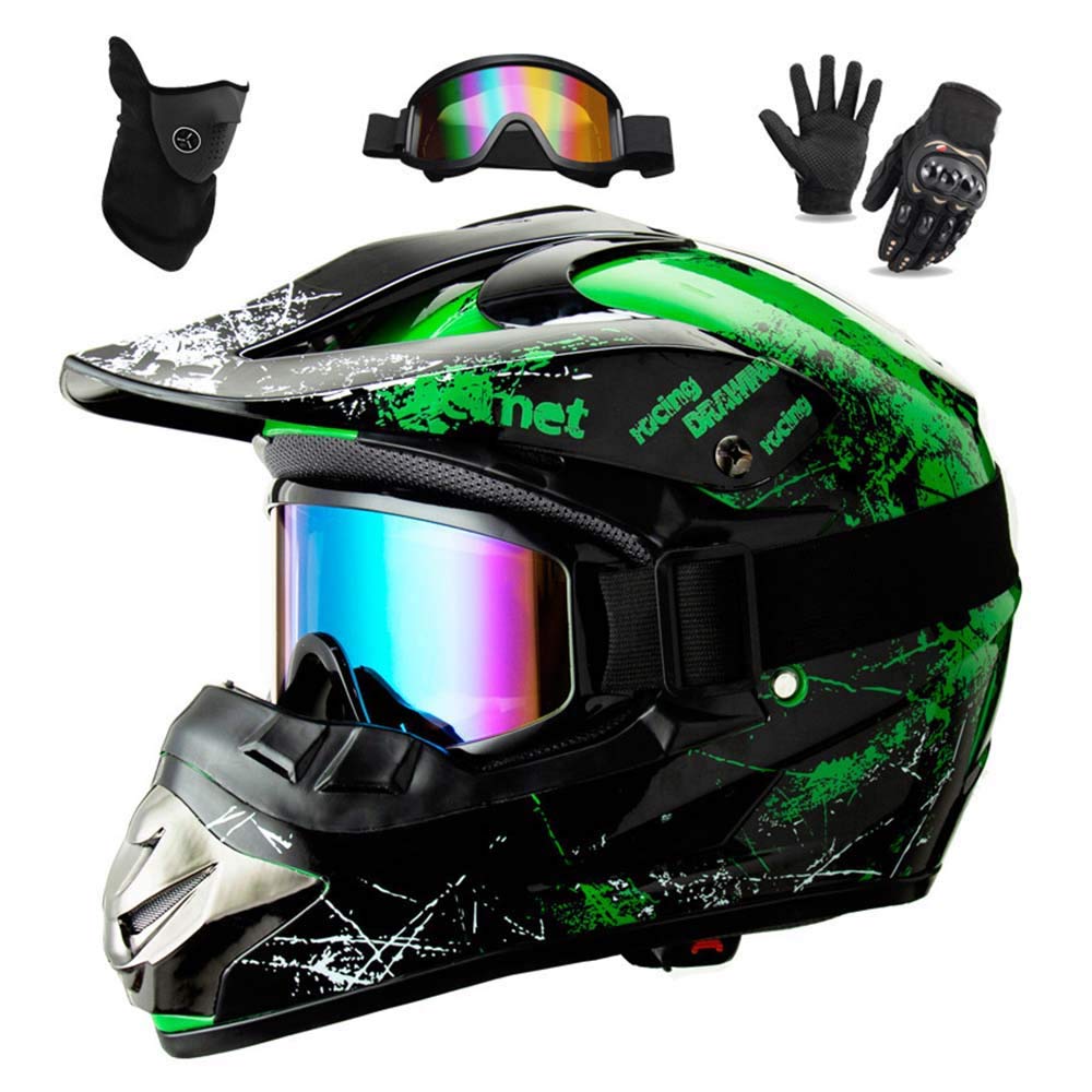 Casco da Motocross Set con Occhiali Guanti Face Mask , per bambini e adulti, casco da motociclista AVT MX integrale per Downhill Offroad Enduro Scooter Sport (verde,M)