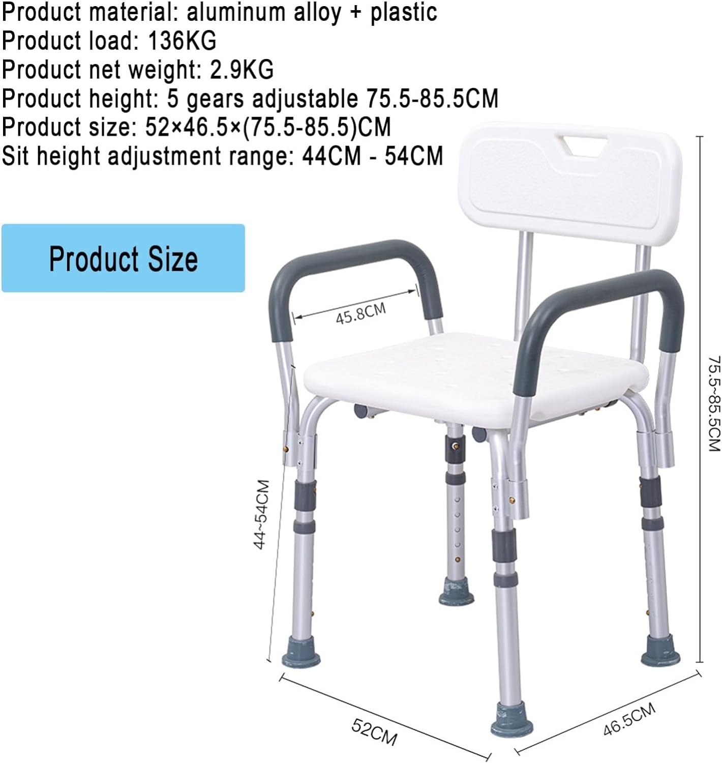 Silla de Ducha Ajustable con Respaldo y Brazos, Asiento de baño Antideslizante, Asiento de Taburete de Ducha, Silla de baño for Adultos Mayores discapacitados