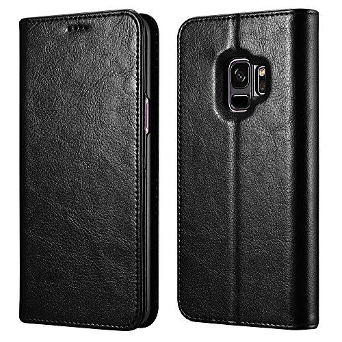 Xoomz Galaxy S9 Wallet Case, Vegan Leather Folio Flip Cover with Kickstand and Credit Card Slots for Samsung S9 (2018) 5.8 Inch (Black)