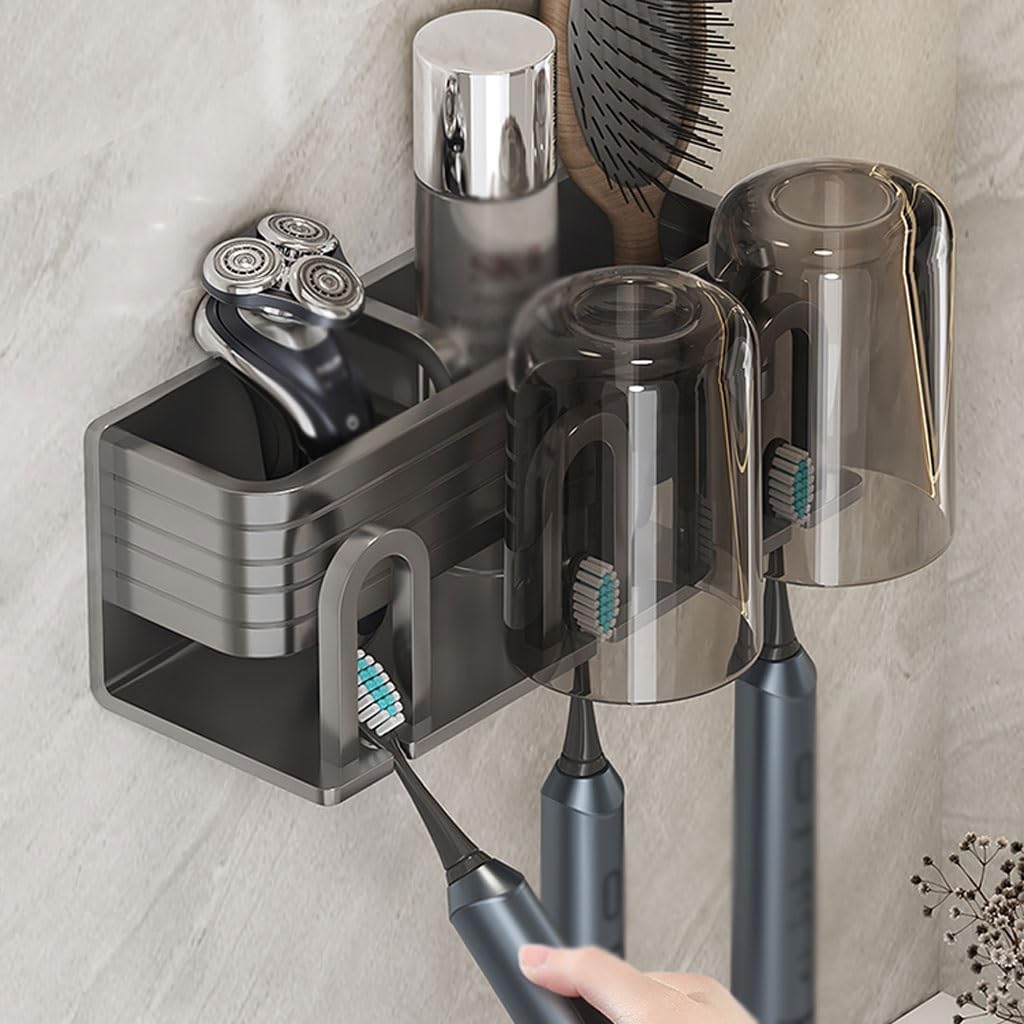 Portaspazzolini Porta spazzolino da denti in alluminio grigio pistola Porta dentifricio da parete for bagno Portaoggetti for pennelli da trucco con tazza Porta Spazzolino da Denti(L26cm)