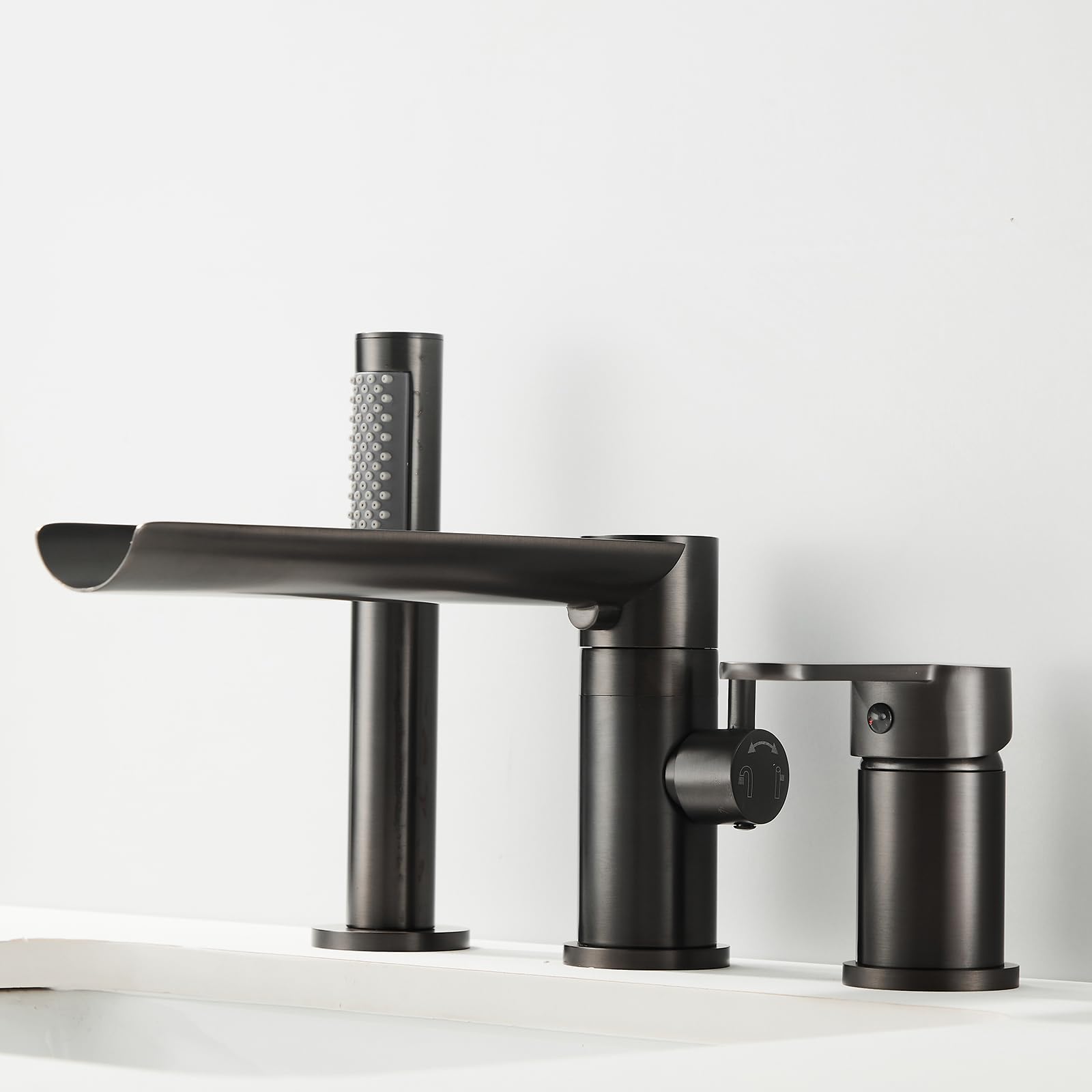SnamicE Bath Mixer Tap with Deck Mounted Shower 3 Hole Multifunctional Waterfall Rotating Tap Bath Single Handle Faucet Black,Grey