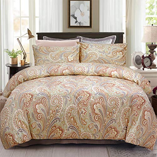 Softta Luxury Paisley Bedding Set 4Pcs Duvet Cover + Fitted Sheets Set + 2 Pillowcases Full Size,100% Egyptian Long-Staple Satin Cotton Khaki #TOP11