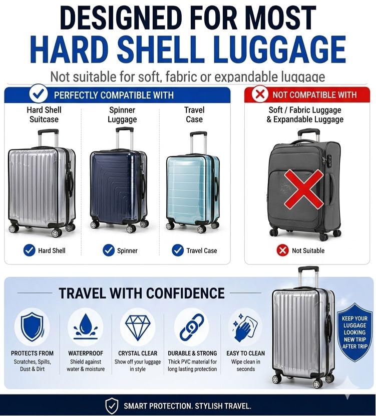 Image of Transparent Luggage Cover for Traveling Bag & Suitcase - Dust, Water, Stain & Scratch Proof Trolley Protector with Velcro Lock & Lightweight Washable Material (Suitcase Not Included, Only Cover)