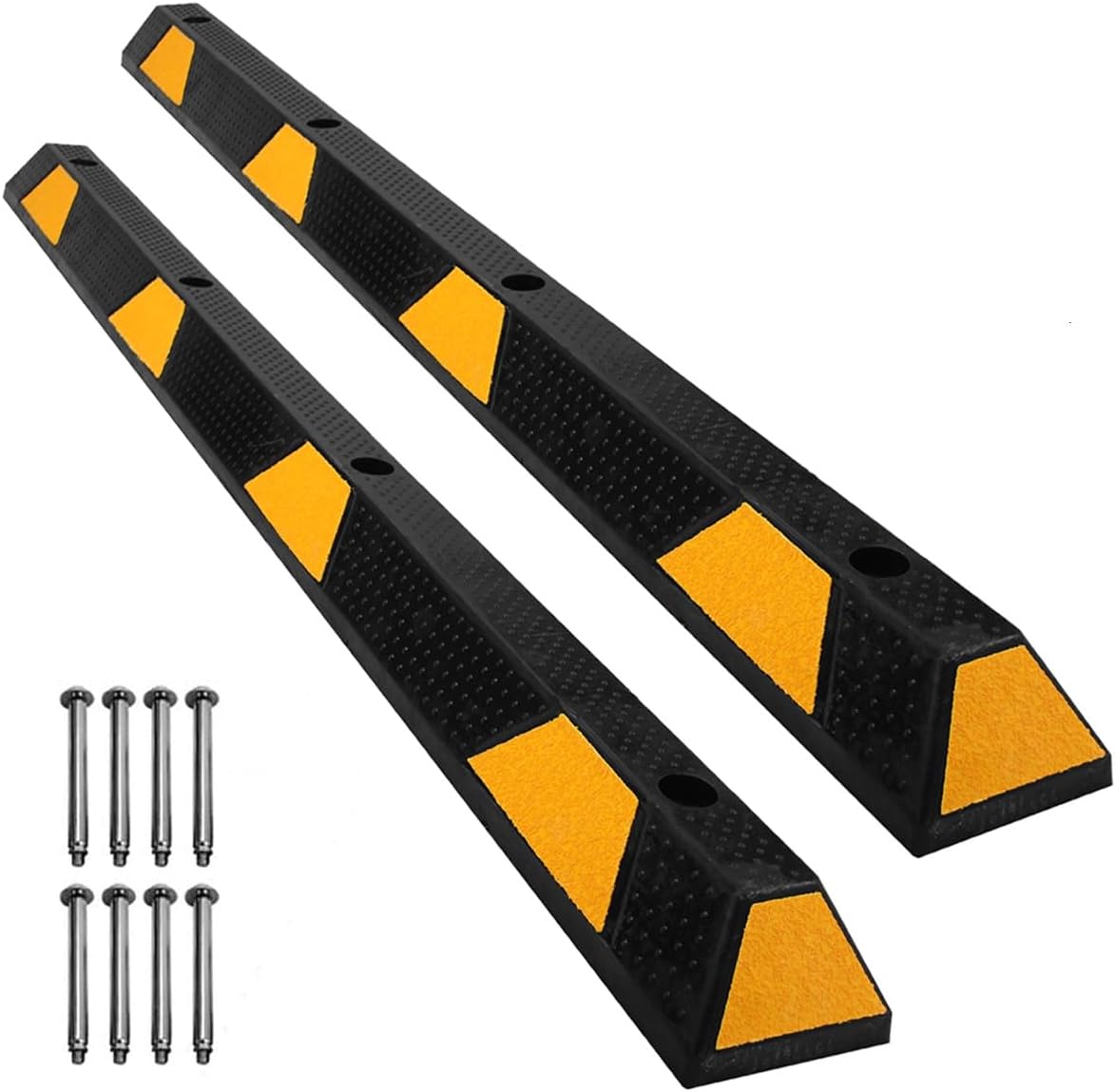 72" Rubber Parking Curbs with 8 Installation Bolts High Reflective Yellow Safety Stripes Wheel Stop for Car Truck RV and Trailer Stop Aid 2 Pack