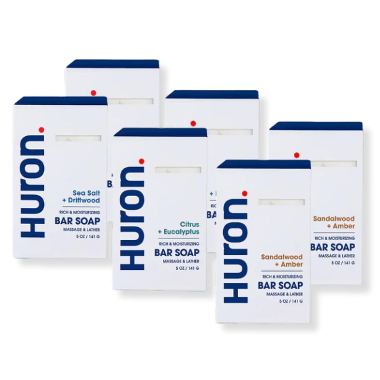Huron Bar Soap for Men and Women Variety - Hydrating Cleansing Bars, Moisturizing Shower Soap, Phthalate-Free, Non-Toxic Ingredients for Daily Body Care, 5oz (Pack of 6)