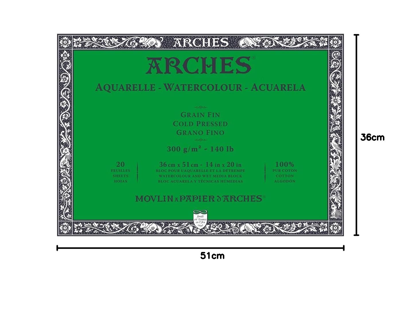 ARCHES A1795063 Block Enc 4L 36x51 20H Aquarelle 100% fein 300g weiß Nat