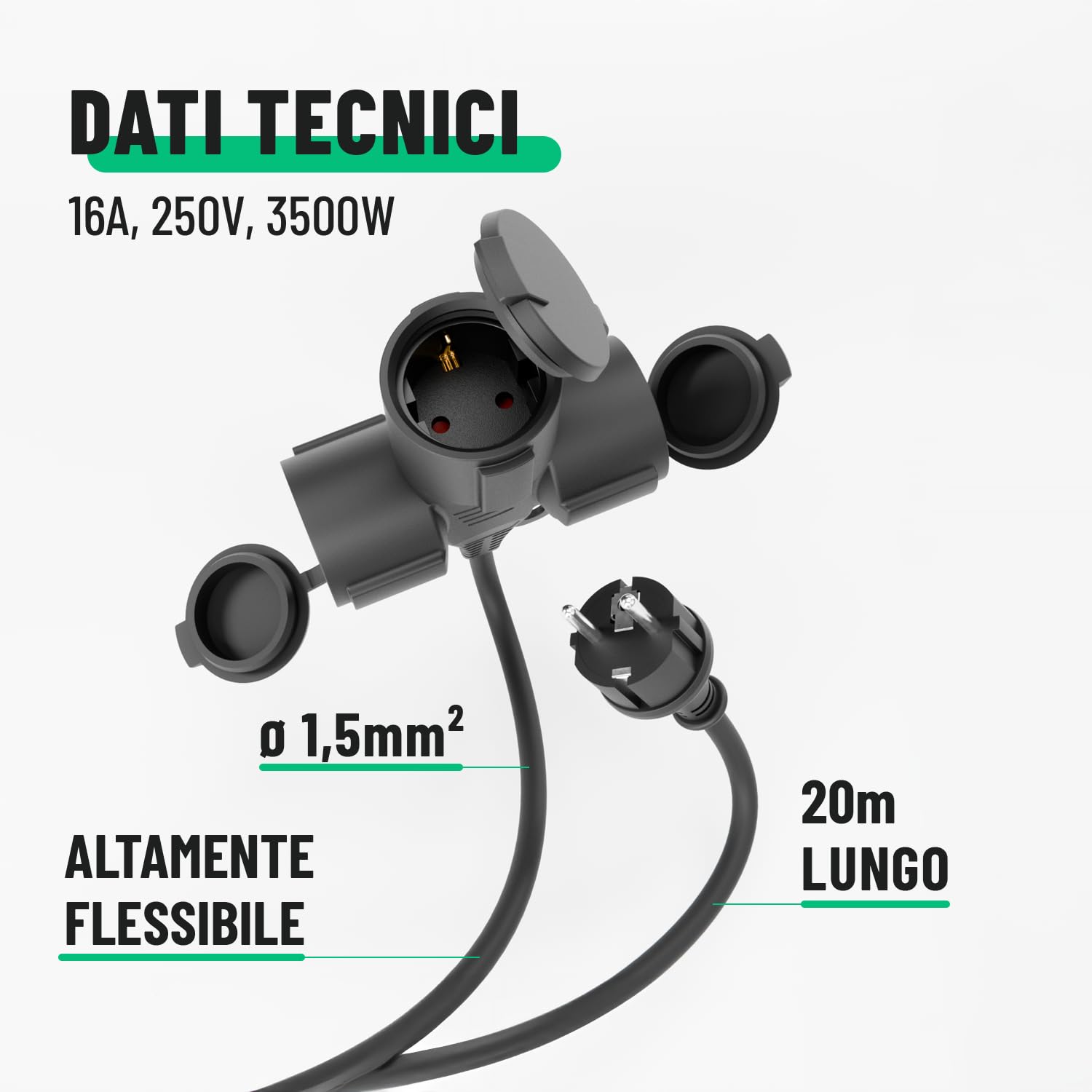 greate Prolunga elettrica da 20 metri con 3 prese - Spina elettrica impermeabile IP44 per estern - Presa shuko 3500W - Prolunghe elettriche, cavo prolunga elettrica, prolunga 16A