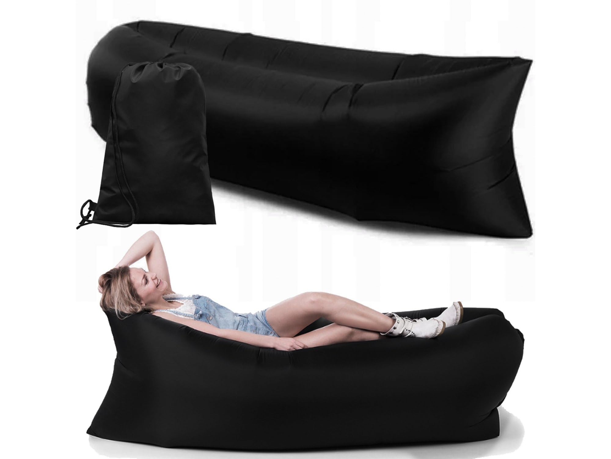 Magische aufblasbare Sofa - Aufblasbares Sofa - Aufblasbare Couch - Keine Luftpumpe Nötig - Indoor und Outdoor Luftsofa - Wasser- und Schmutzabweisende Mini Couch aus Polyester - Schwarz