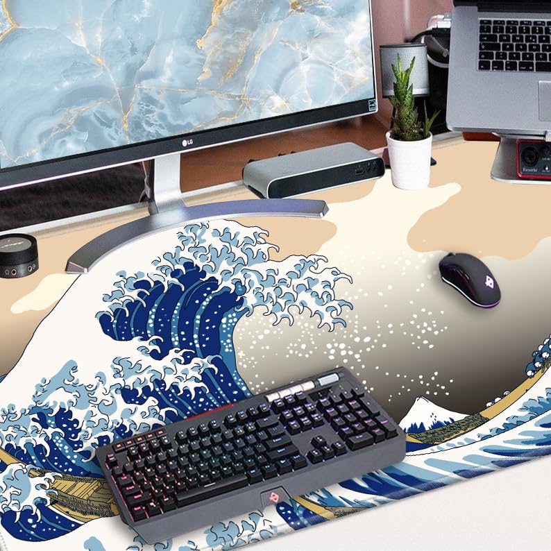 Image of 24x48 Mouse Pad Gaming Desk Mat Giant Japanese Sea Wave Mousepad Large Desk Pad Oversized Huge Computer Mat 3XL Mouse Pads for Protector Desktop Office