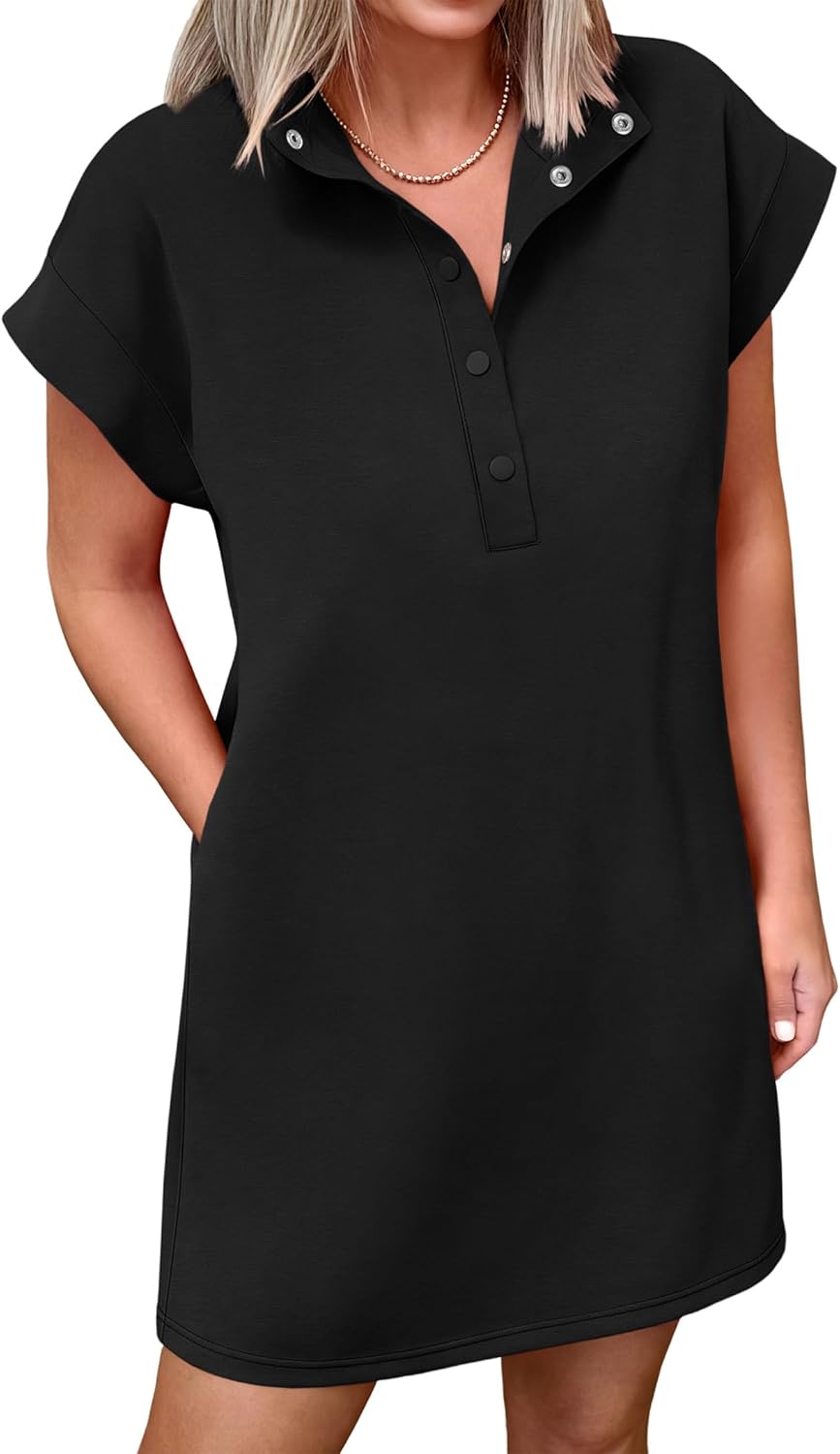 ANRABESS Women Summer Shirt Dress Casual Short Sleeve Henley Neck Mini Shift Tunic Dresses 2026 Beach Vacation Cruise Clothes