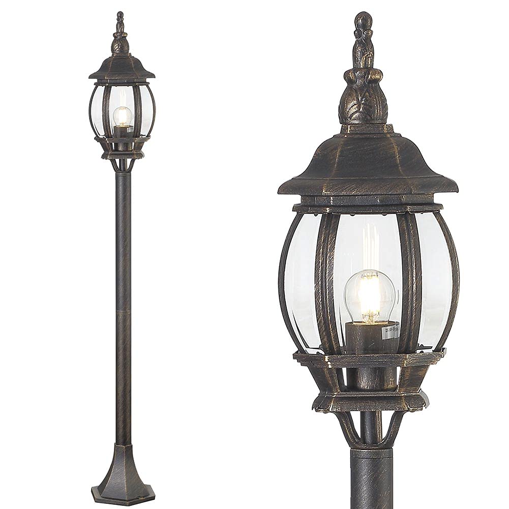 BAKAJI Lampadaire de jardin victorien classique en aluminium, lanterne grise, finition laiton antique, IP44 E27 (1 lumière, 108 cm)