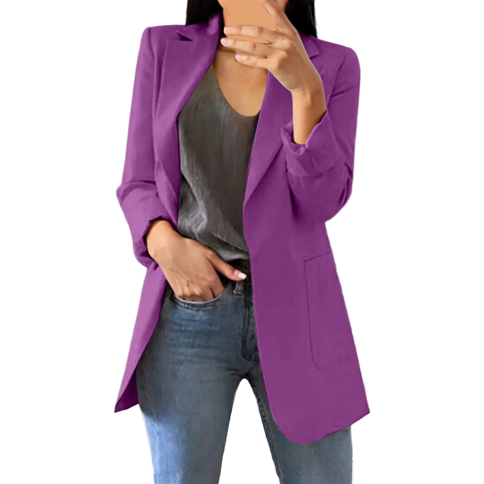 Blazer Femme Chic Et Elegant - Bureau Front Ouvert Cintrée d'affaire Veste Travail Grande Taille Veste Casual Couleur Unie Manche Longue Col À Rever