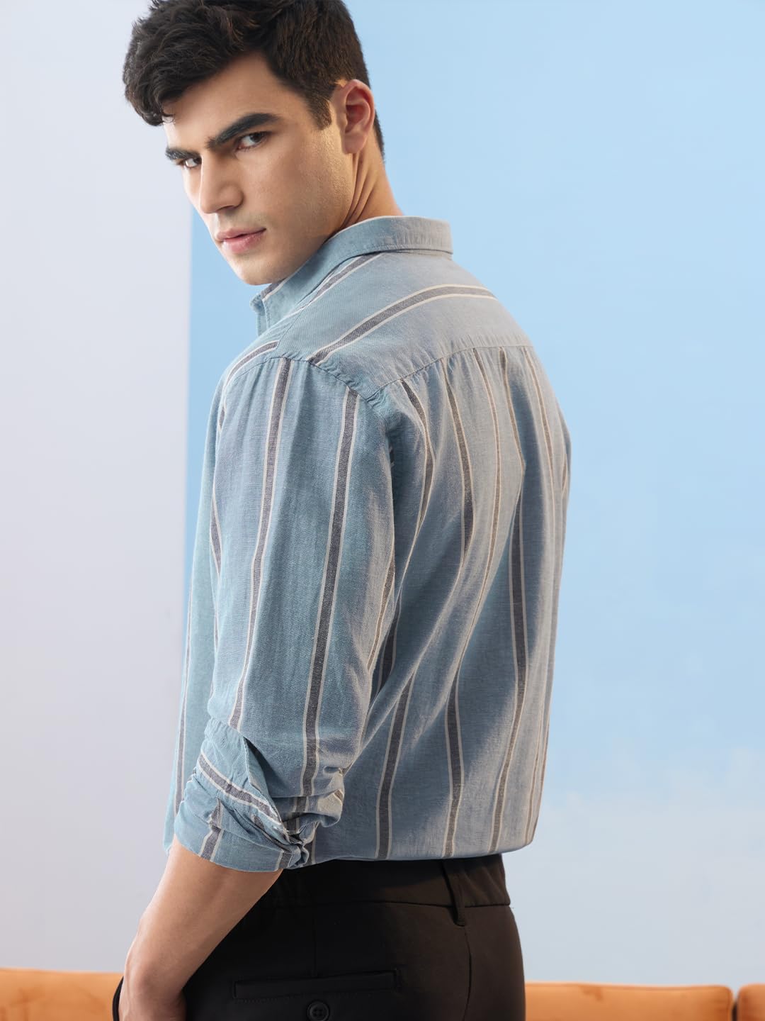 The Souled Store Bawełniana pościel w paski: Azure mężczyźni i chłopcy z długim rękawem kołnierz z guzikami z przodu w paski, jasnoniebieski Oversized Fit bawełniana lniana koszula