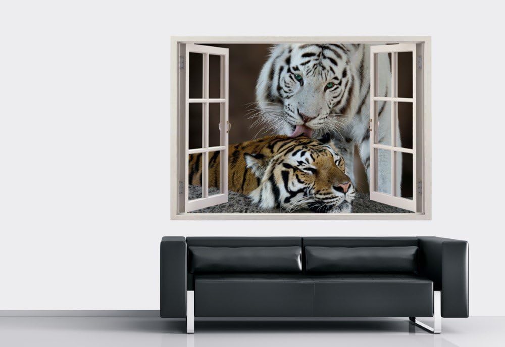 Realistic Window Wall Decal – Peel and Stick Nautical Decor for Living Room, Bedroom, Office, Playroom – Animal Wall Murals Removable Window Frame Style Wall Art – Vinyl Poster Wall Tiger Stickers