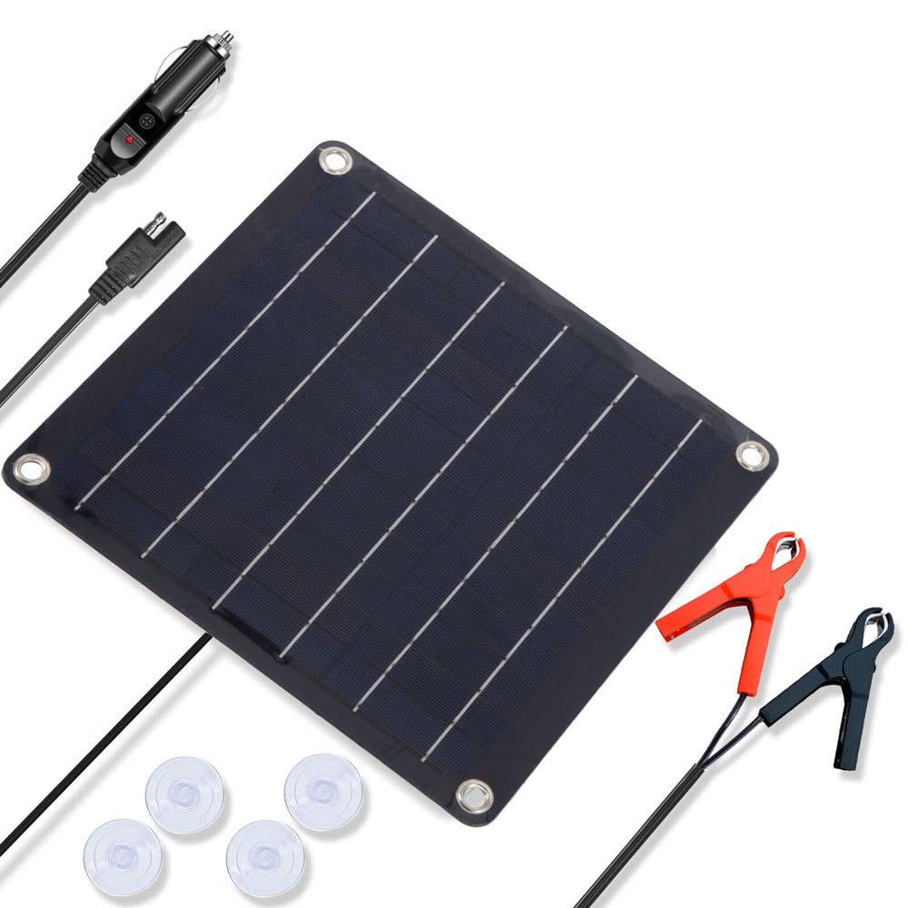 Xuzie Black Solar Panel Kit, 10W 12V Portable Solar Panel Car Battery Charger, Solar Trickle Charger Car Battery Maintainer Compatible With Car Rv Boat Automobile Motorcycle