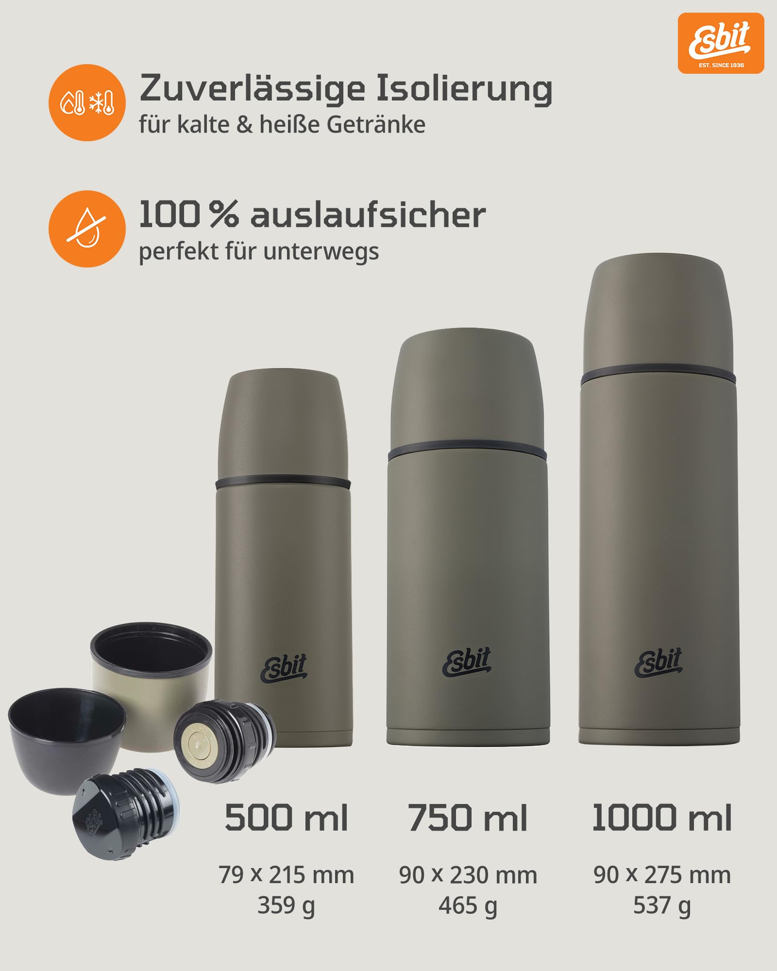 Esbit Classic Isolierflasche 1L - Thermoskanne für warm & kalt - Thermosflasche mit 2 Bechern - Trinkflasche Edelstahl - Auslaufsicher - Olivgrün