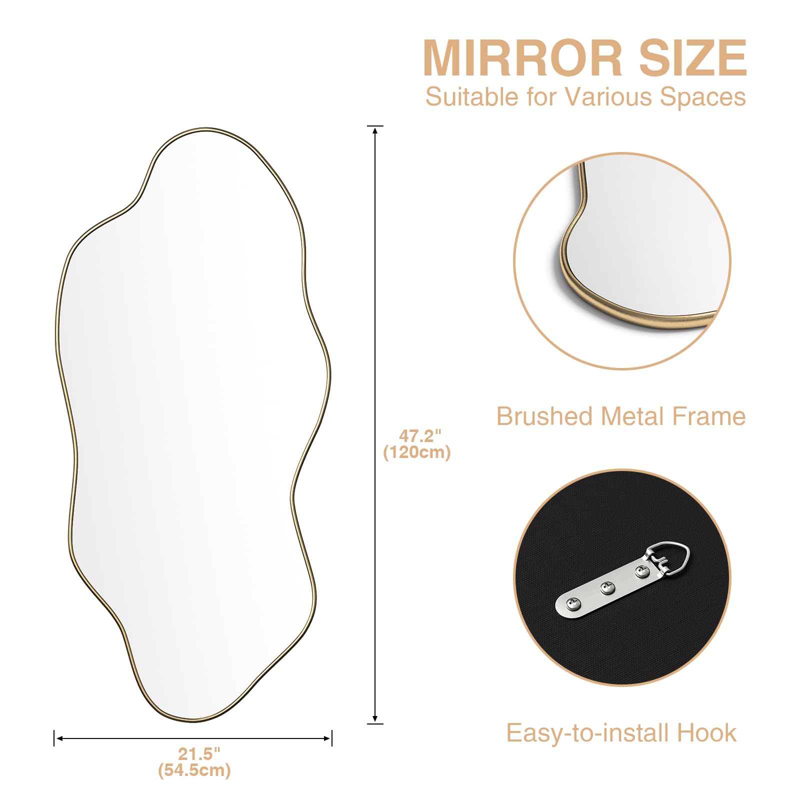Specchio irregolare da parete, asimmetrico, 120 cm di lunghezza x 55 cm di larghezza, decorazione moderna da parete, per bagno, camera da letto, soggiorno, ingresso,