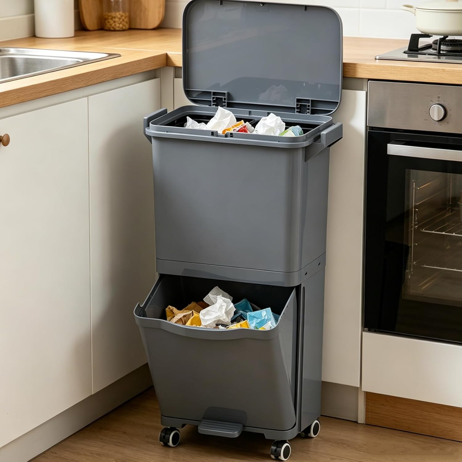LIFEZEAL Poubelle de Cuisine 36L, Poubelle de Tri Sélectif 2 Niveaux, Pédale, Bac Inclinable, Plastique, Gris