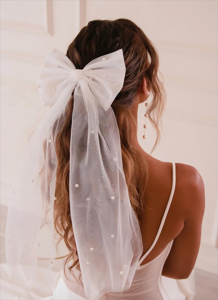 2PCS Bride Pearl Bow Veil and Sash Bride to Be Accessory for Bachelorette Bridal Shower Marriage Engagement Wedding Party