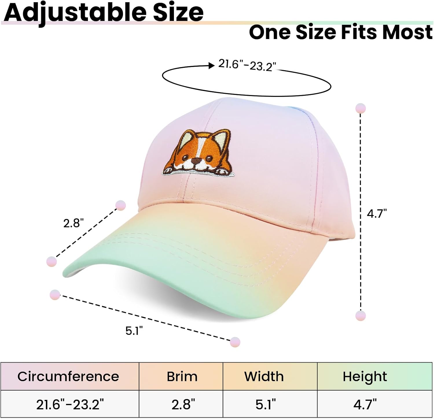 Adjustable Baseball Cap with Button,Cute Corgi Dog Pattern Embroidery Dad Hat for Women Kids Boys Girls,Unisex Sun Protective Rainbow Outdoor Sports Cap - Image 4