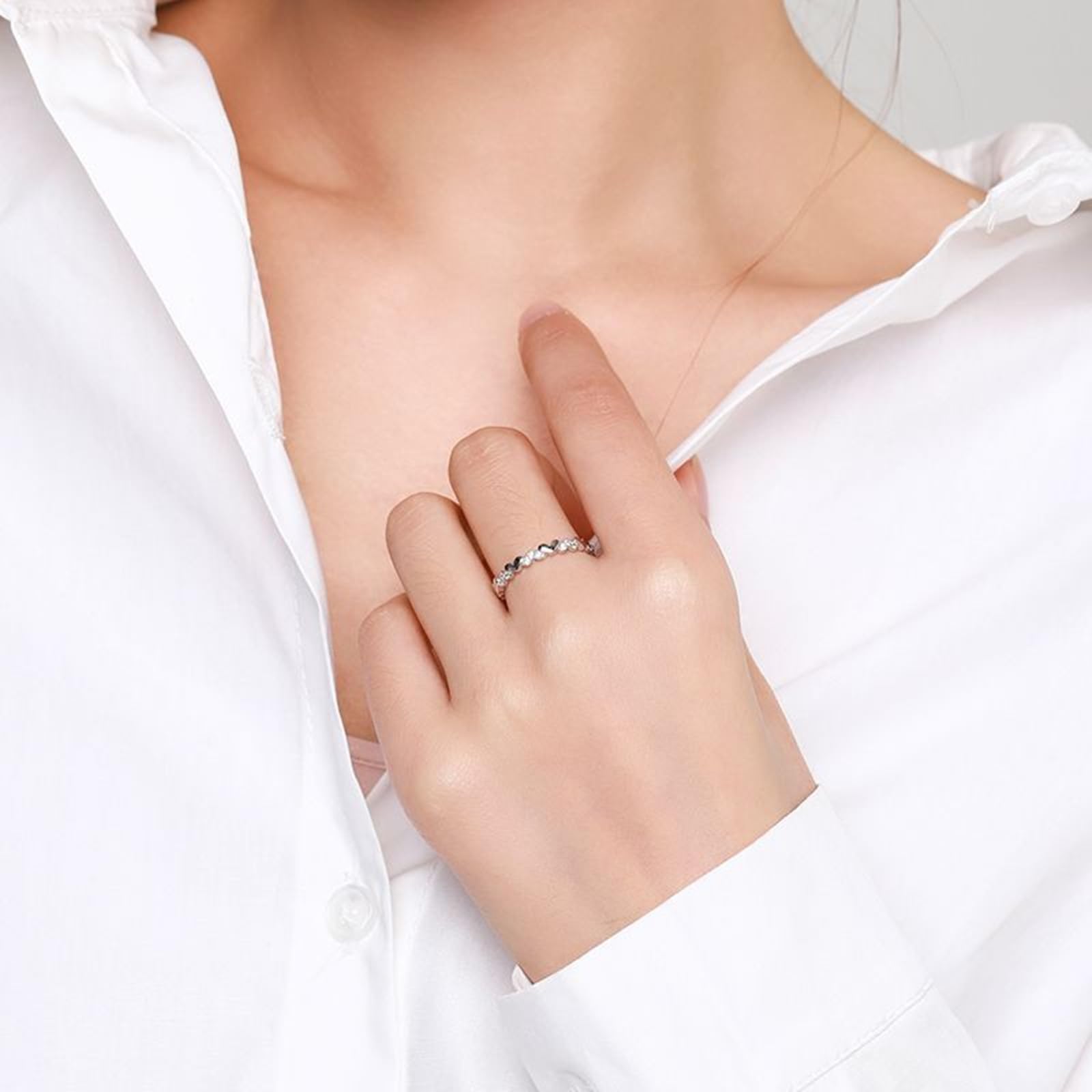 Bague de Fiançailles Femme Or 9/14/18 carats, Anneau Empilable Cœur Alterné Orné de Lab Diamant, Bague Or Blanc Personnalisée