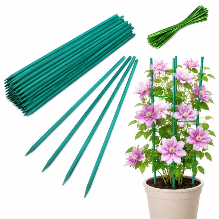 Admygo 50 PCS 45cm Green Bamboo Plant Stakes with 50 Twist Ties, Plant Support Sticks for Indoor Outdoor Plants, Garden Stakes for Beans, Flowers, Climbing Plants, Potted Plants