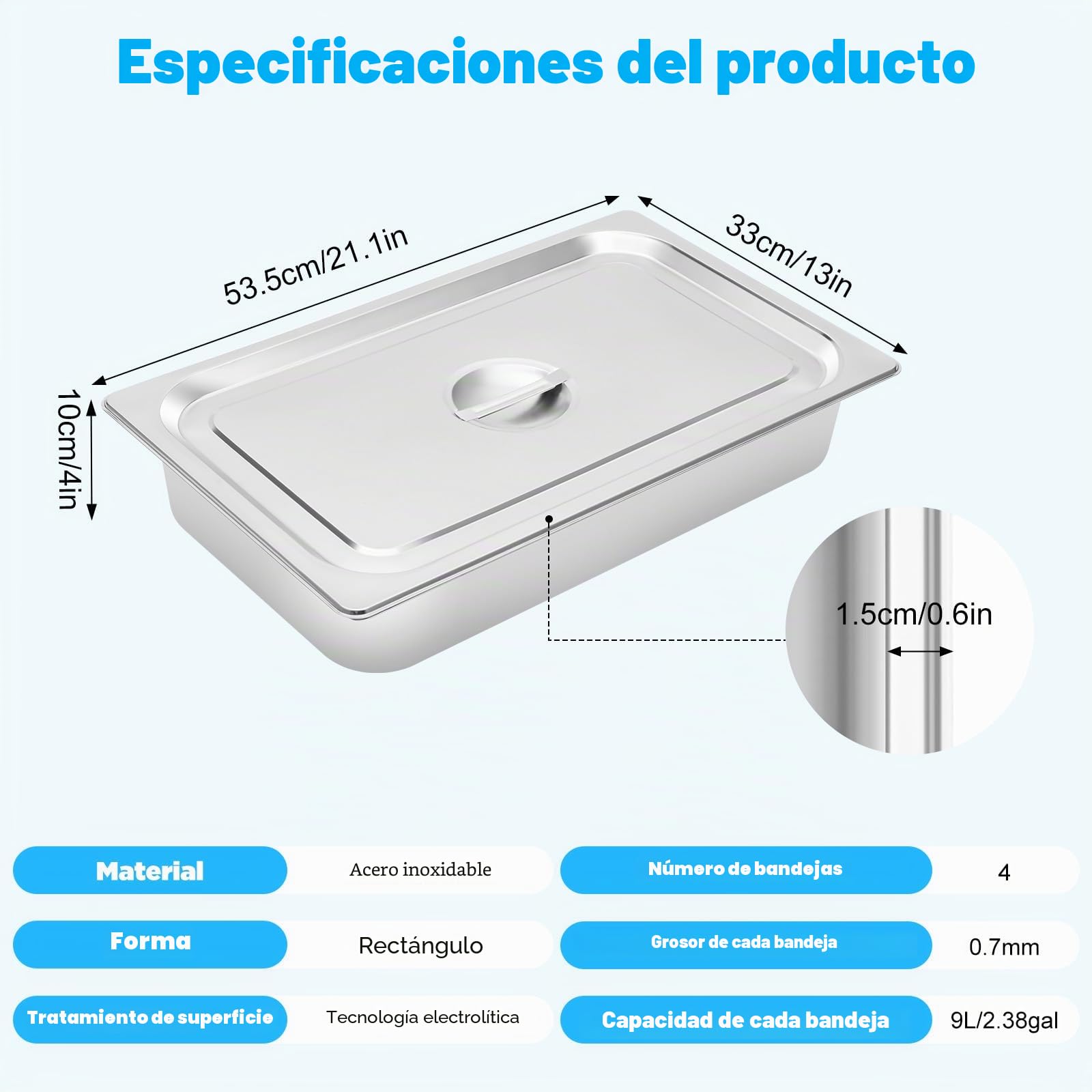 Gastronorm - Juego de 4 recipientes para alimentos con tapa, 9 litros, acero inoxidable, recipiente para calentar alimentos, tartas, sartén de hotel, mesa
